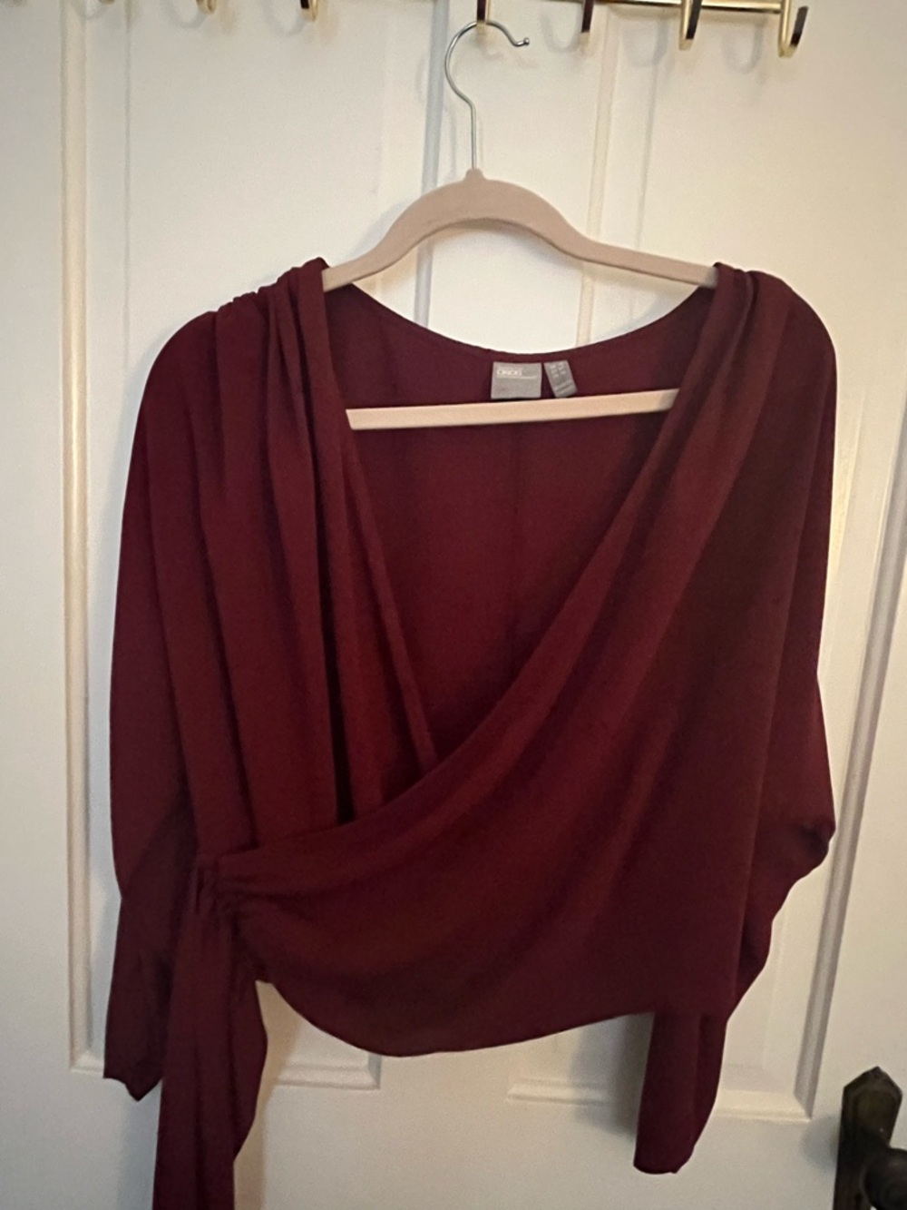 ASOS Draped Wrap-Front Long Sleeve Top in Burgundy